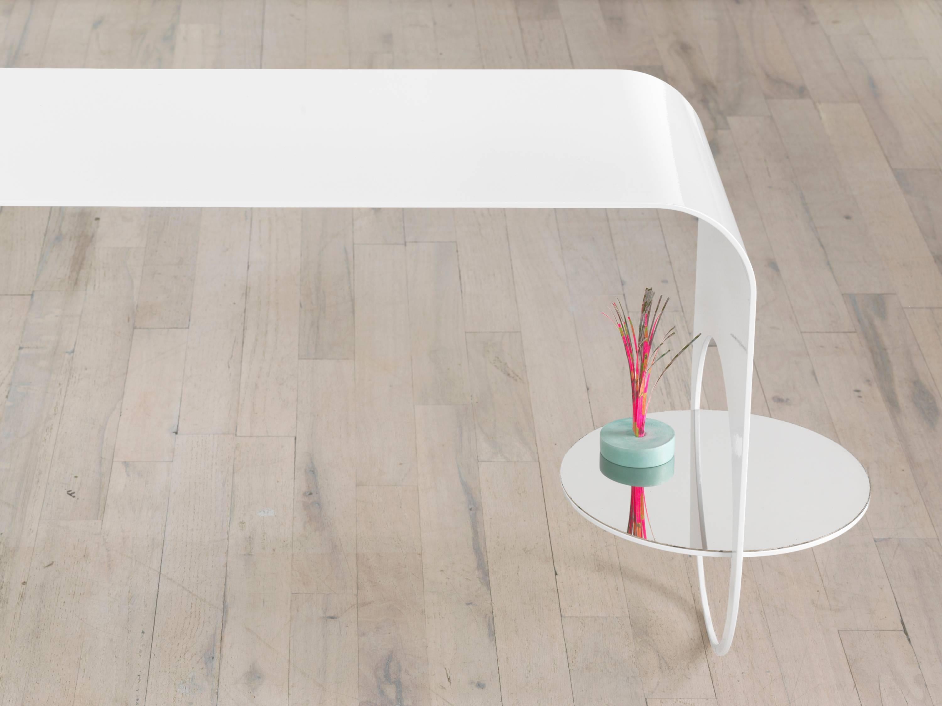 Modern Thin Table 2 in Contemporary White Powder Coated Steel and Polished Steel Shelf For Sale