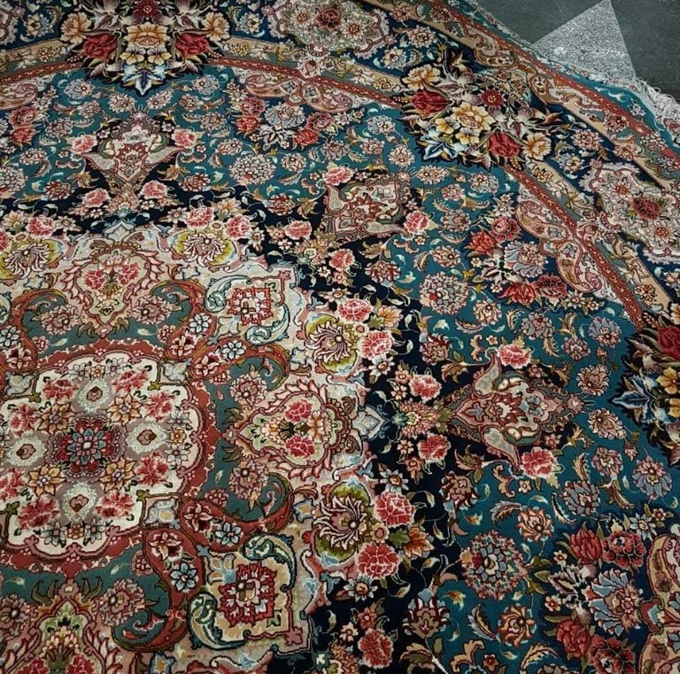 Master Salari Round Turquoise HandKnotted Persian Tabriz Rug For Sale