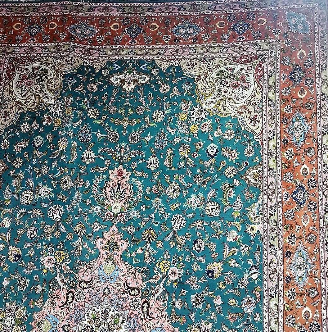 KPSI: 645
Origin: Tabriz, Iran
Composition: Silk and wool
Size: 290 cm x 180 cm
Flowers consists of silk finishes. Its a rare design by Master Salari.
             