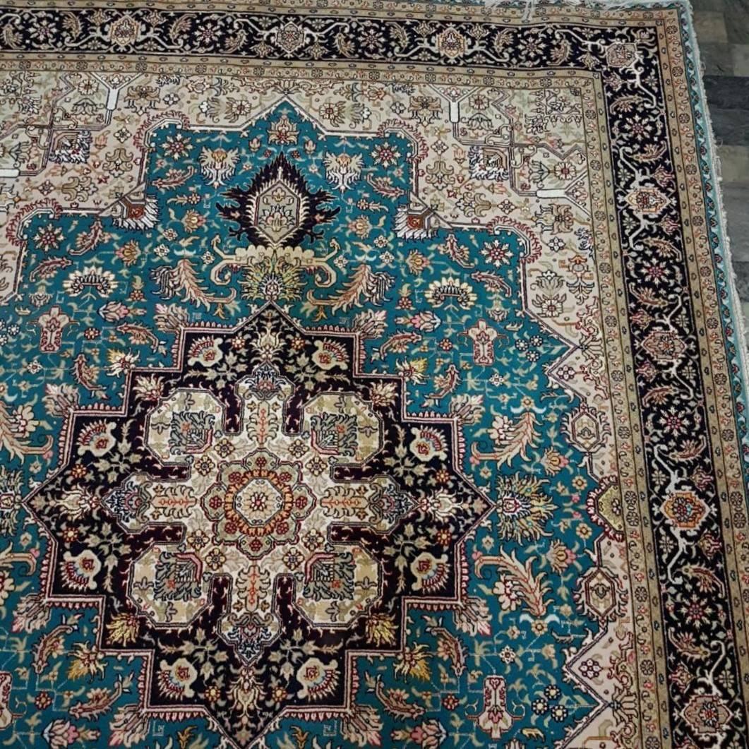 KPSI: 400
Origin: Tabriz, Iran
Composition: Base-cotton, Pile-Merino wool and silk
Size: 207 cm x 153 cm
Herris is name of a city located in Iran which is in close proximity to Tabriz, Iran where these beautiful designed carpets are woven.
The