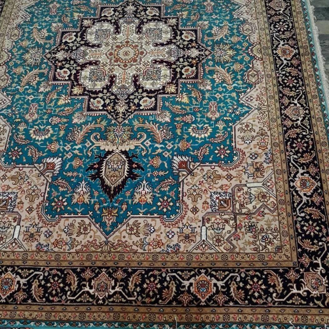 Tabriz Herris Turquoise, Cotton and Silk Hand-Knotted Persian Harris Rug For Sale