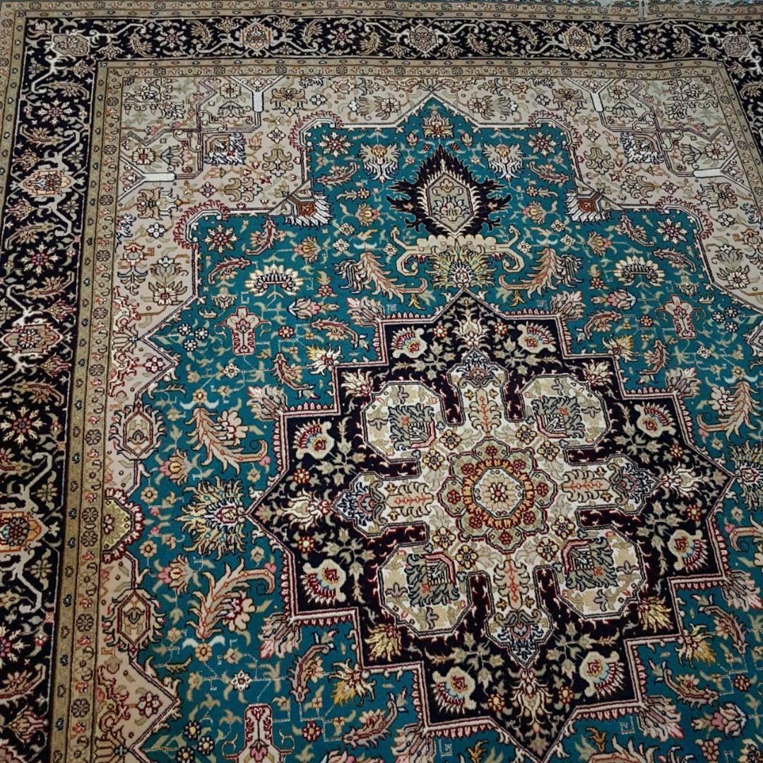 Hand-Crafted Herris Turquoise, Cotton and Silk Hand-Knotted Persian Harris Rug For Sale