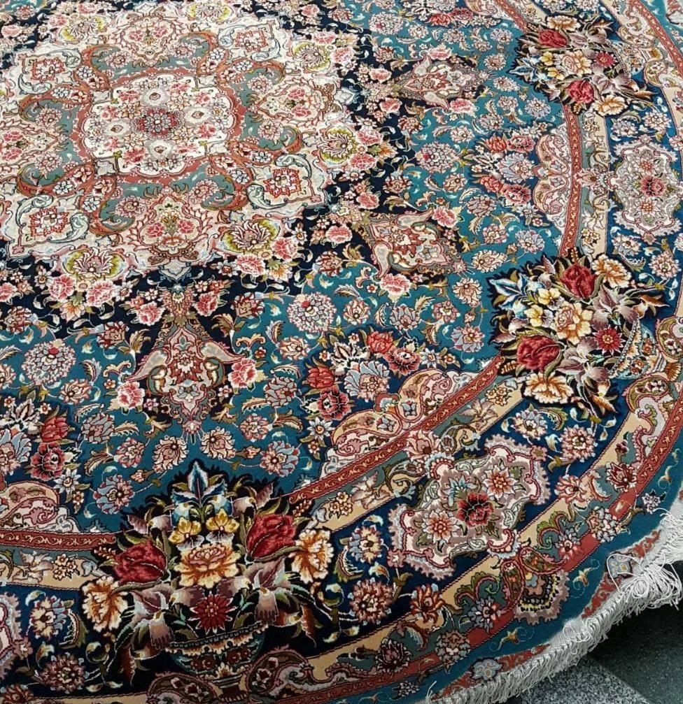 Hand-Crafted Master Salari Round Turquoise Hand-Knotted Persian Tabriz Rug For Sale