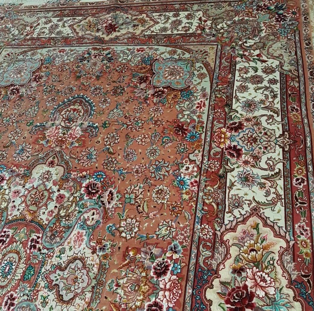 KPSI: 400
Origin: Tabriz, Iran
Composition: Silk and wool
Size: 305 cm x 200 cm 
Designer of this unique colored carpet is Master Salari who is a well known Persian designer. This piece comes as a pair only.
Flowers consists of silk finishes