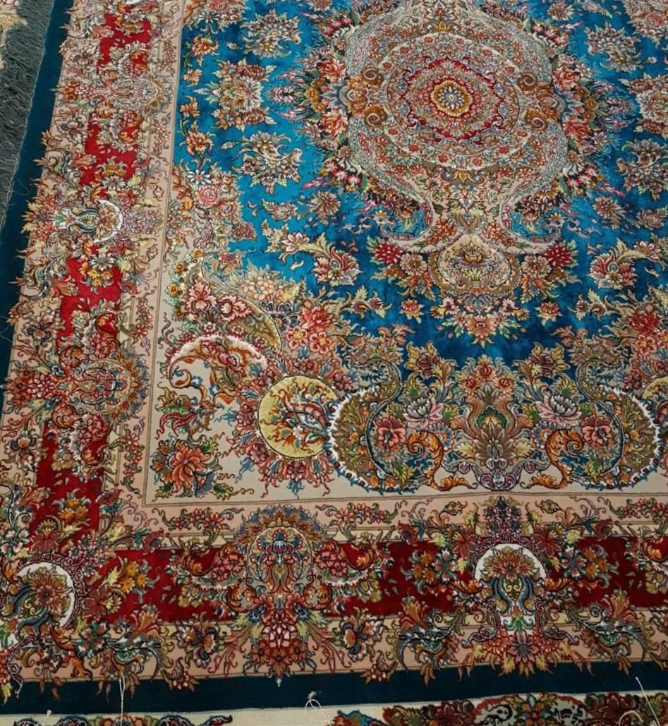 Hand-Crafted Khatibi Turquoise Designer Hand-Knotted Genuine Persian Tabriz Rug For Sale