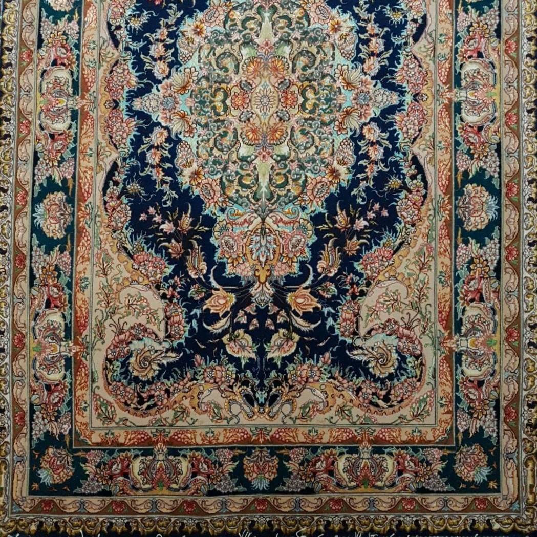 KPSI: 400
Origin: Tabriz, Iran
Composition: Silk and wool
Size: 154 cm x 100 cm
Description: Designer of this delightful piece is Master Novinfar who is well-known amongst Persian carpet designers. The main background color used in this carpet