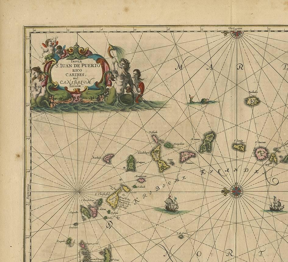 Beautiful hand-colored antique map which includes all the islands between Puerto Rico and Trinidad down to the Coast of Venezuela. The map also shows a detailed cartouche with sea-people, a compass rose at centre, sailing ships and a native at the