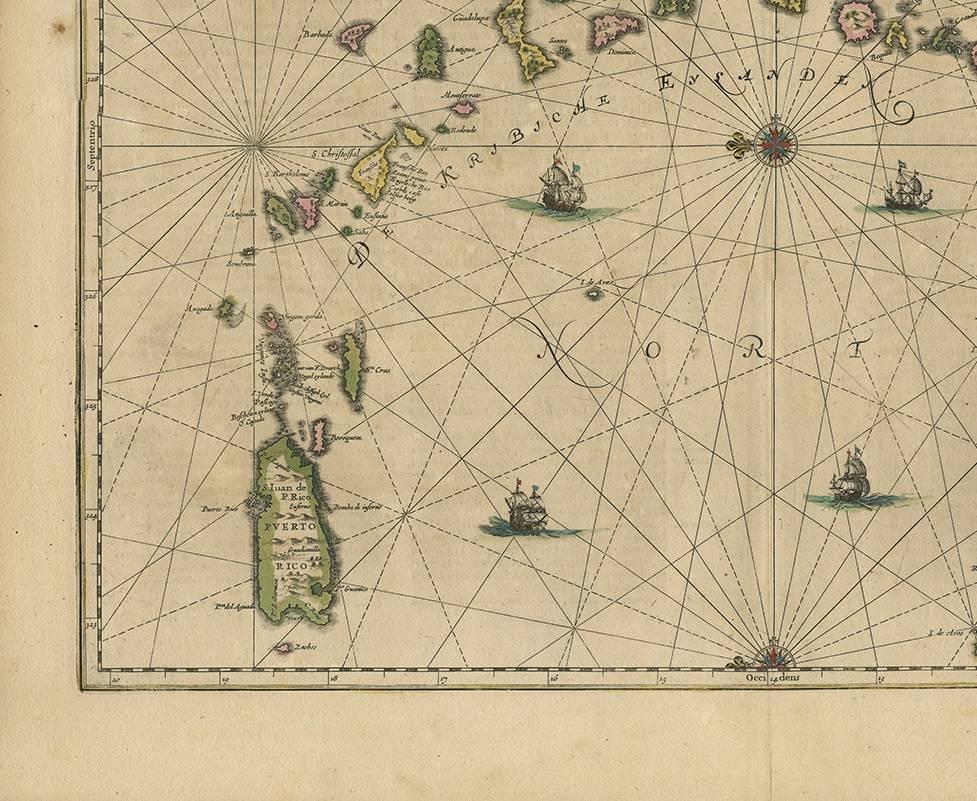 Hand-Painted Antique Map of the Caribbean Islands by J. Jansson, circa 1650