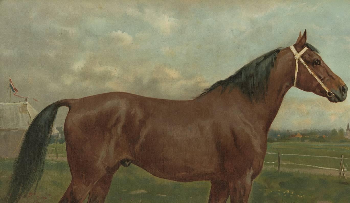 The antique oleograph of an American race horse from the Dutch edition of 'Paardenrassen Kunstalbum' is a remarkable artifact of equestrian art and history. Created in 1898, this piece is one of the 41 prints in a portfolio that showcased various