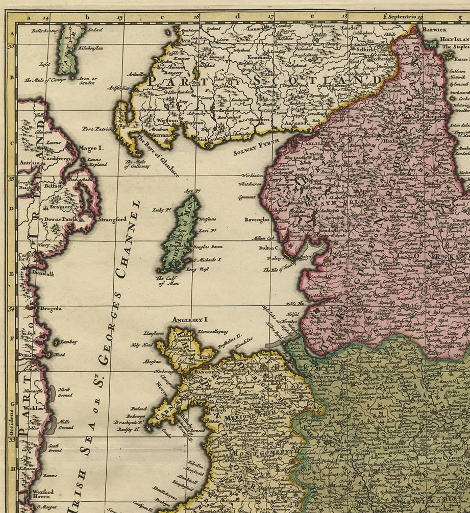 Beautiful hand-colored map showing England, The island of Man and a part of Scotland. This highly decorative rare map of the late 17th century is equipped with a large allegoric title cartouche in the upper right corner, further at the left side