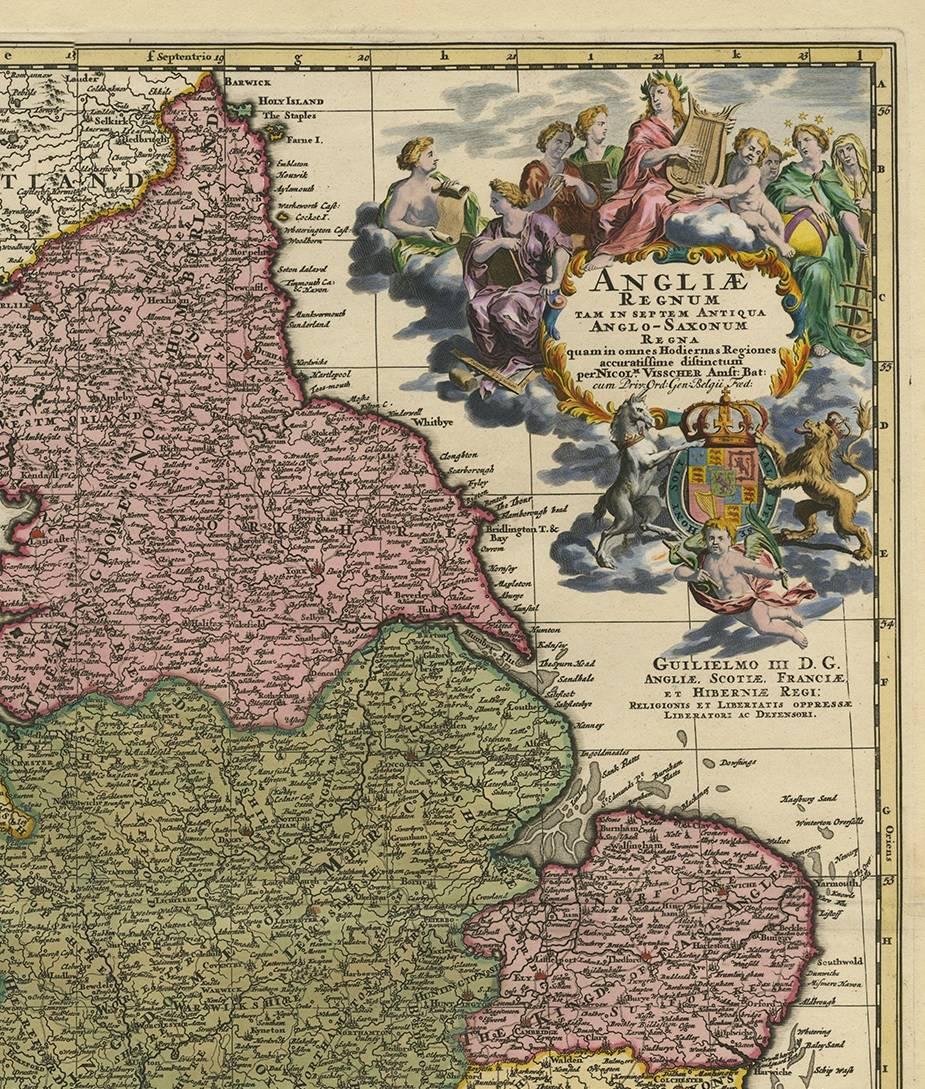 Hand-Painted Antique Map of England by N. Visscher II, 1694