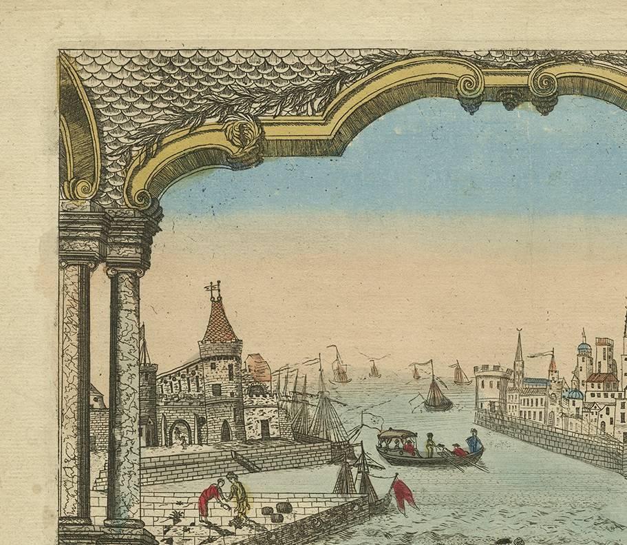 Antique optical print or vue d'optique of Jeddah, Saudi Arabia the port for Mecca or Lamekk (la Mecque) published circa 1750. This attractive engraved print is one of the earliest available views of Jeddah, an important trading port city on the Red