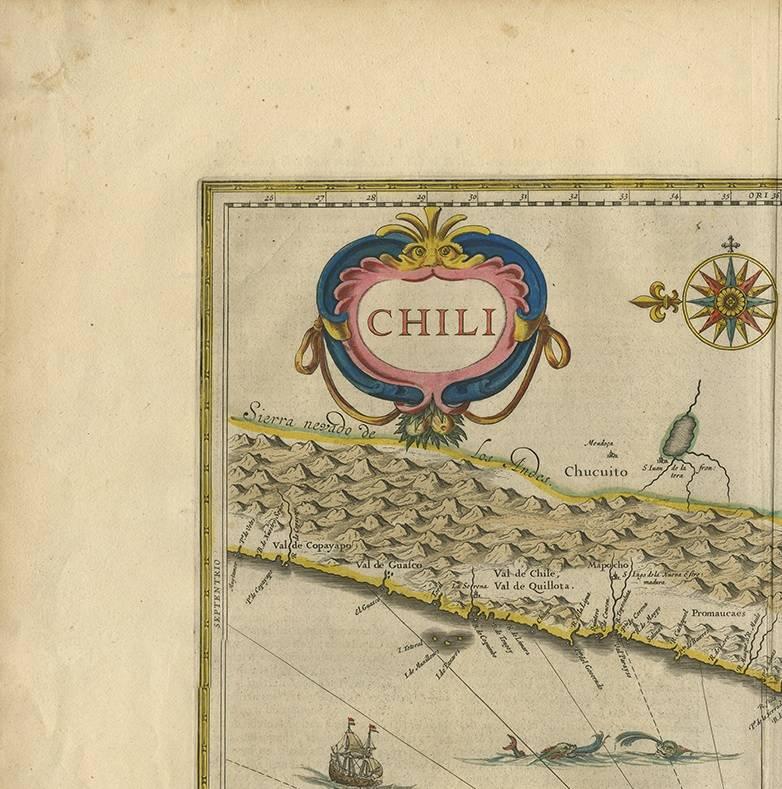 Very decorative antique map of Chili published by W. Blaeu, 1658. This map depicts Chile from Copiapo southward to the island of Chiloé with ships and sea monsters adorning the sea. The map is oriented with north to the left – noted by the two bold