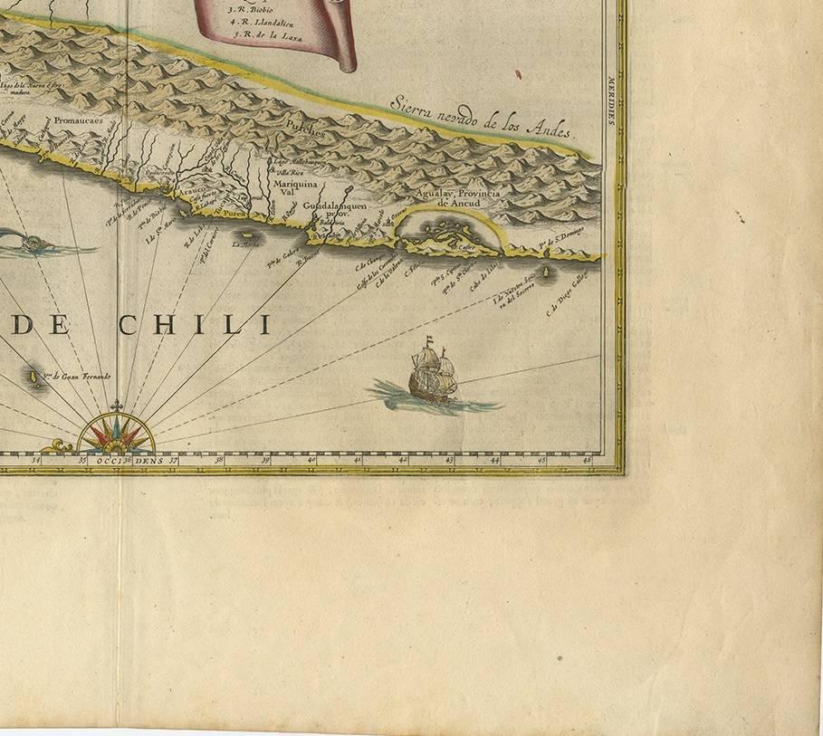 Mapa antiguo original coloreado a mano de Chile por W. Blaeu, 1658 siglo XVII en venta