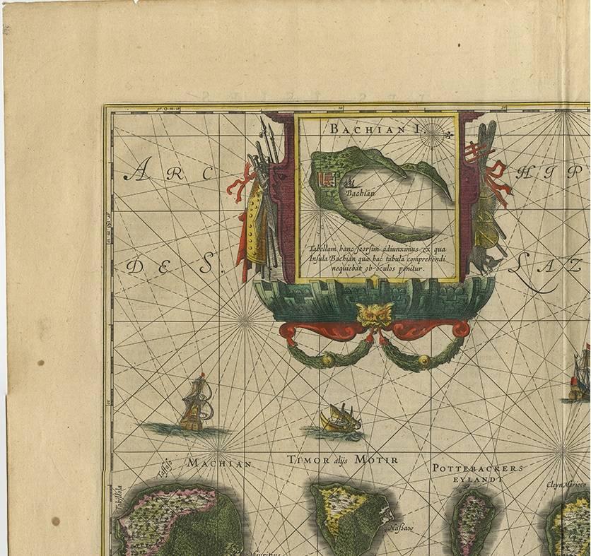 Antique map titled 'Moluccae Insulae Celeberrimae'. Highly decorative antique map of the Spice Islands (Moluccas) published by W. Blaeu (circa 1640). This map features a large inset of the Island of Bachian (Batjan) in an elaborate frame as well as
