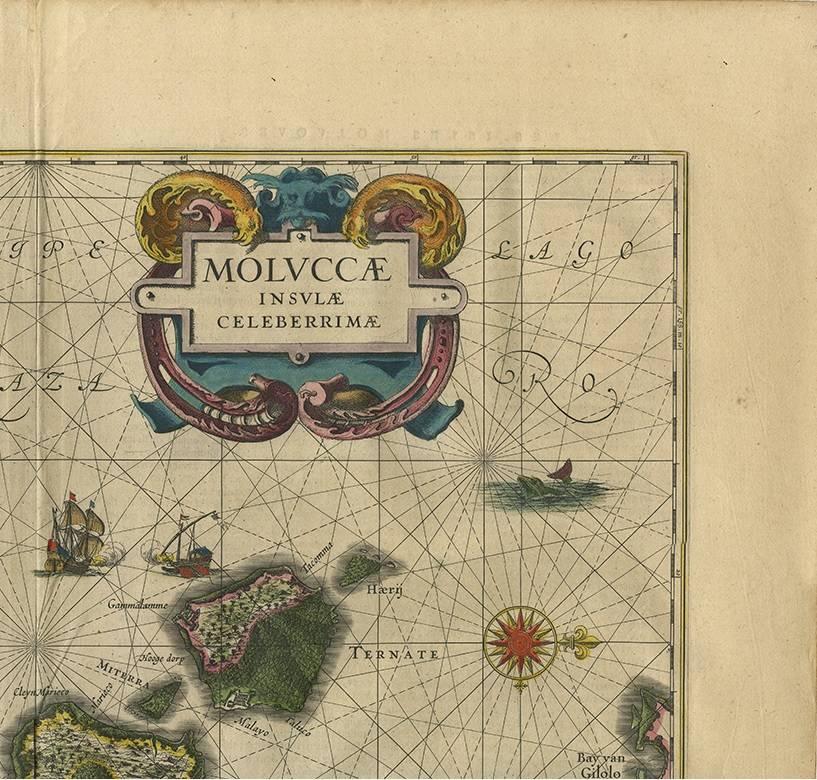 Carte ancienne des îles Spice Islands (Moluccas), Indonésie, par W. Blaeu, vers 1640 Bon état - En vente à Langweer, NL