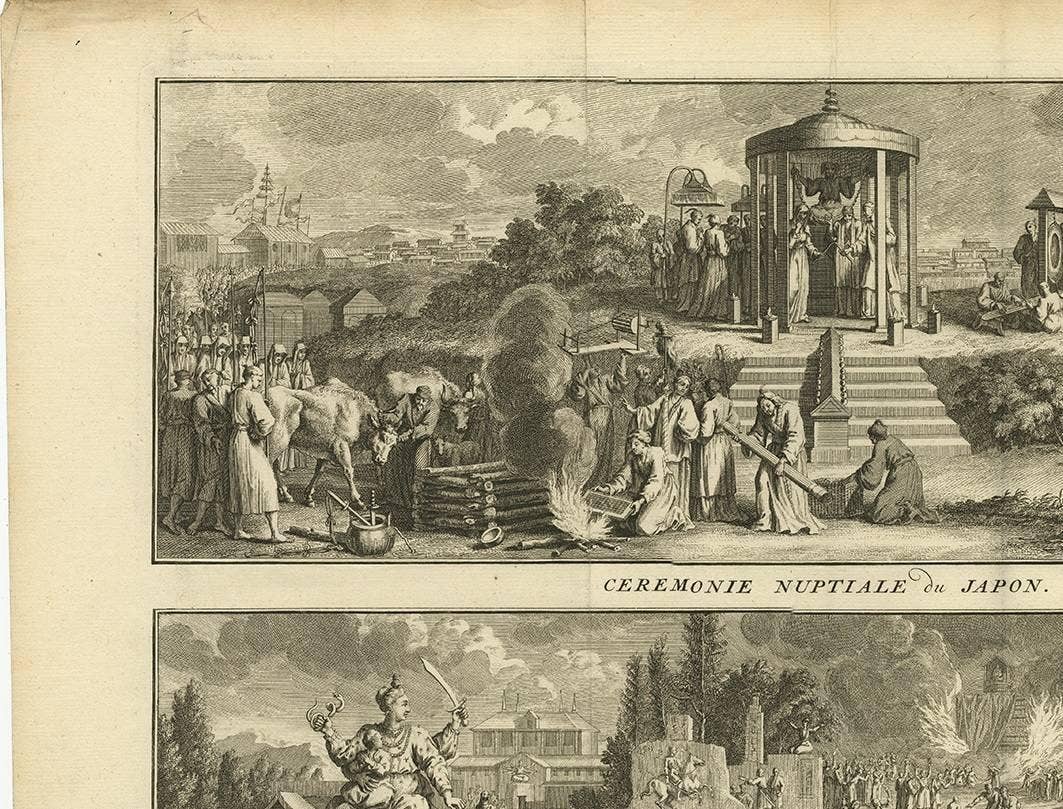 Antique Print of Japanese Wedding and Funeral Ceremonies by B. Picart, c.1730