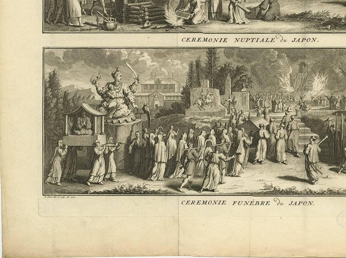 Antique Print of Japanese Wedding and Funeral Ceremonies by B. Picart, c.1730