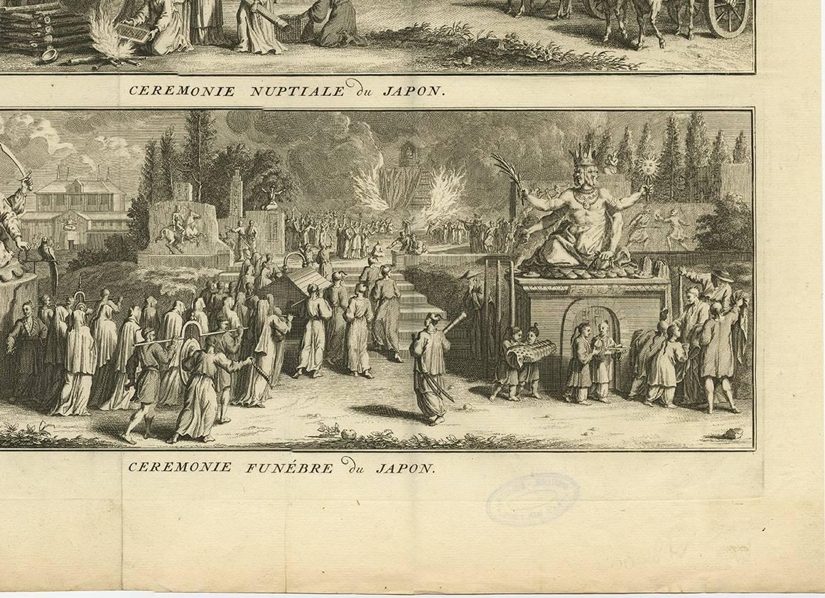 Paper Antique Print of Japanese Wedding and Funeral Ceremonies by B. Picart circa 1730 For Sale