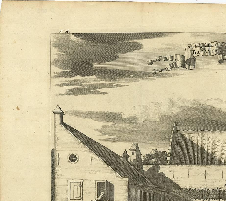 Antique print of the children's hospital in Batavia (now Jakarta) Indonesia. It originally accompanied J. Nieuhof's account of his 'Voyages and Travels to the East-Indies' in the 17th century. Johan Nieuhof (1618-1672) was a Dutch traveler who wrote