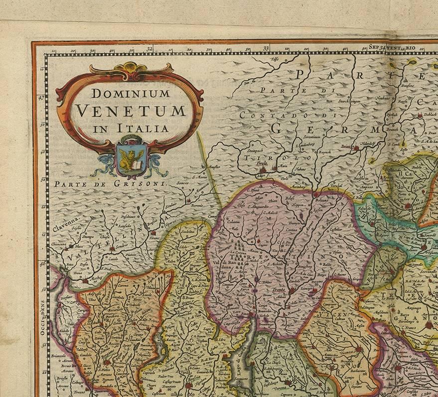 Attractive and early map of the area around Venice, Italy. With South-Tirol in the North, areas of Krain (Slovenia), Croatia, Ferrara, Modena and Piacenza. In the east with areas around Milan and Brescia. Decorative and large ornamental title