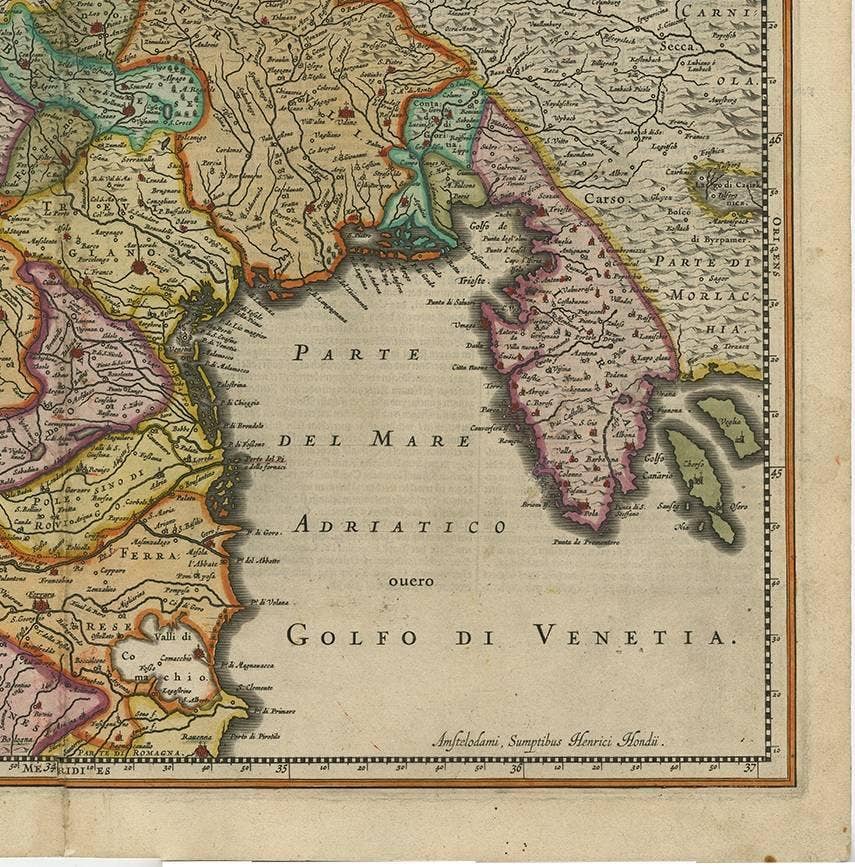 Antique Map of the Area Around Venice in Italy by H. Hondius, circa 1606