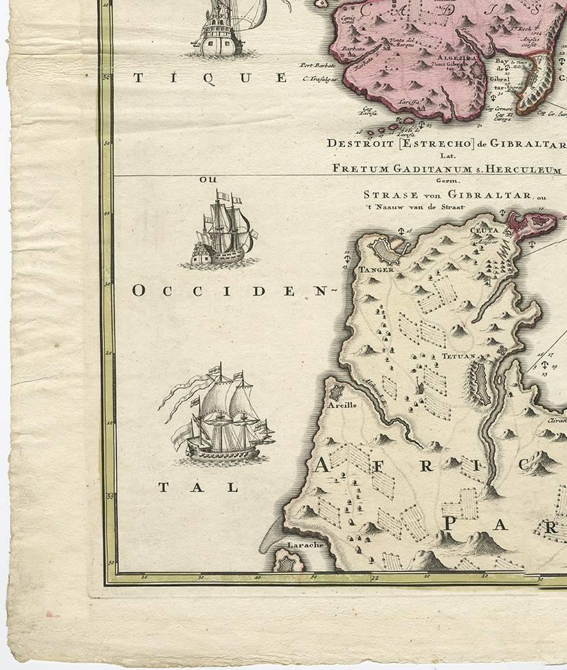 Antique Map of the Strait of Gibraltar by Homann Heirs, circa 1730 In Good Condition In Langweer, NL