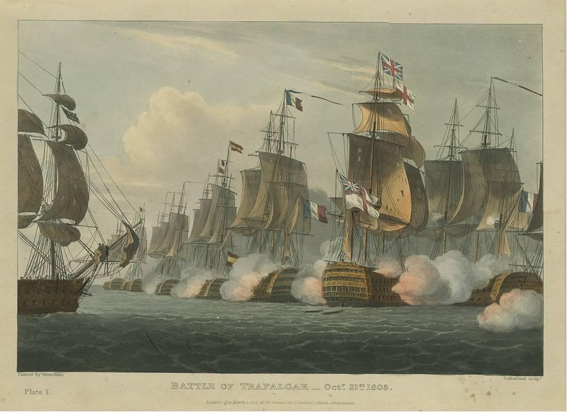 A very fine early 19th century engraved hand-colored aquatint by T. Sutherland from an oil painting by T. Whitcombe showing the Battle of Trafalgar between the British fleet and the combined fleets of France and Spain on October 21st 1805. This