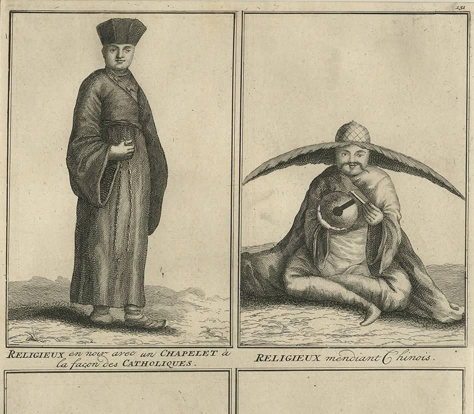 Estampe du début du 18e siècle montrant un prêtre catholique, un prêtre mendiant chinois, deux prêtres catholiques chinois et un mendiant chinois à la tête déformée (pointue). Gravé par Bernard Picart, concepteur, dessinateur, miniaturiste et