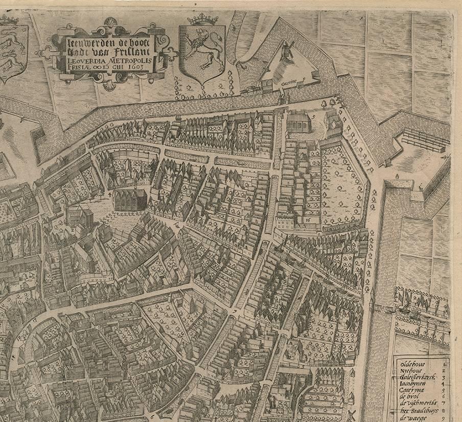 Antike Karte von Leeuwarden, Friesland, Niederlande, von P. Bast, 1603 im Zustand „Gut“ im Angebot in Langweer, NL