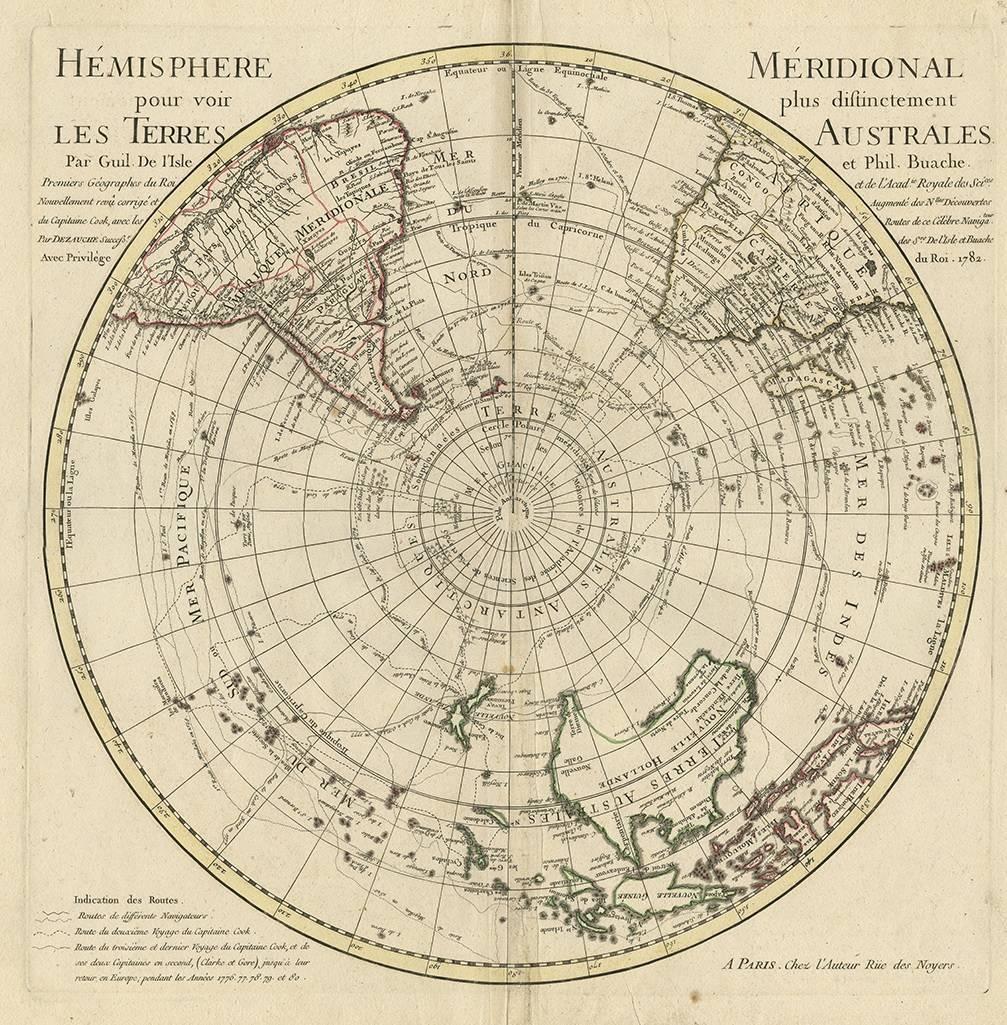 Antique map titled 'Hemisphere Meridional pour voir plus distinctement Les Terres Australes'. Hemispherical map of the southern hemisphere centered on the South Pole showing tracks of explorers, up to and including Cook's third and last voyage.