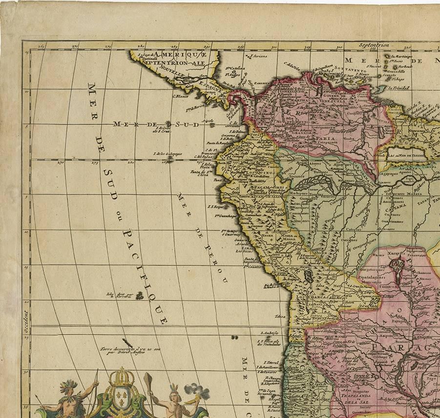 This image depicts 'L'Amerique Meridionale', an antique map of South America. The map is carefully hand-colored, showcasing the diverse countries within the continent, including Brazil, Chile, Argentina, Mexico, Ecuador, Peru, Uruguay, Paraguay,