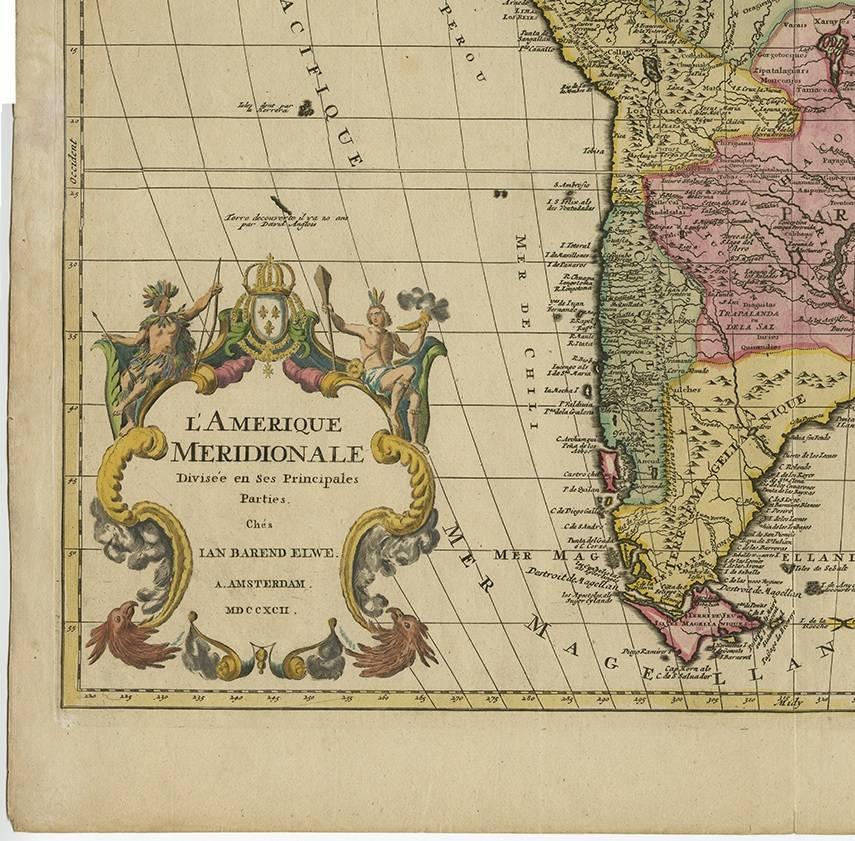 Map of South America 1792 by Elwe – Hand-Colored Antique Dutch Engraving In Good Condition For Sale In Langweer, NL