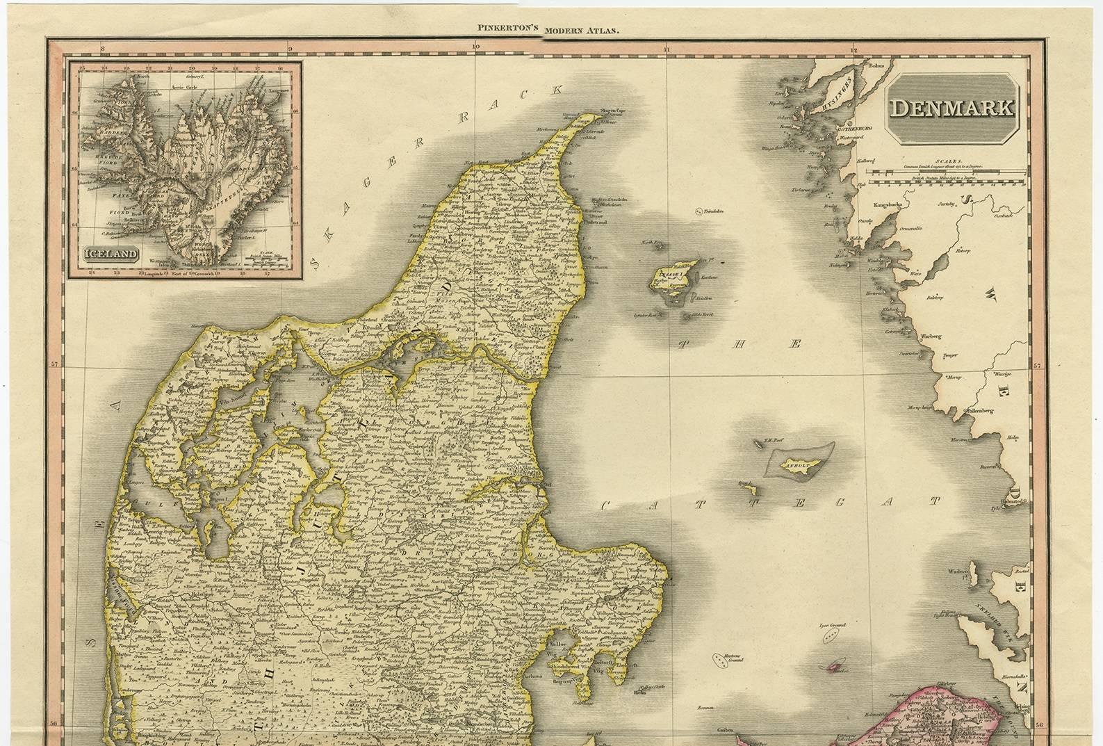 Highly detailed map of Denmark. One of the best large format English atlas maps of the period.
Pinkerton's maps reflect the fine copperplate engraving work being done in the Britain at the beginning of the 19th century, with remarkable detail and a