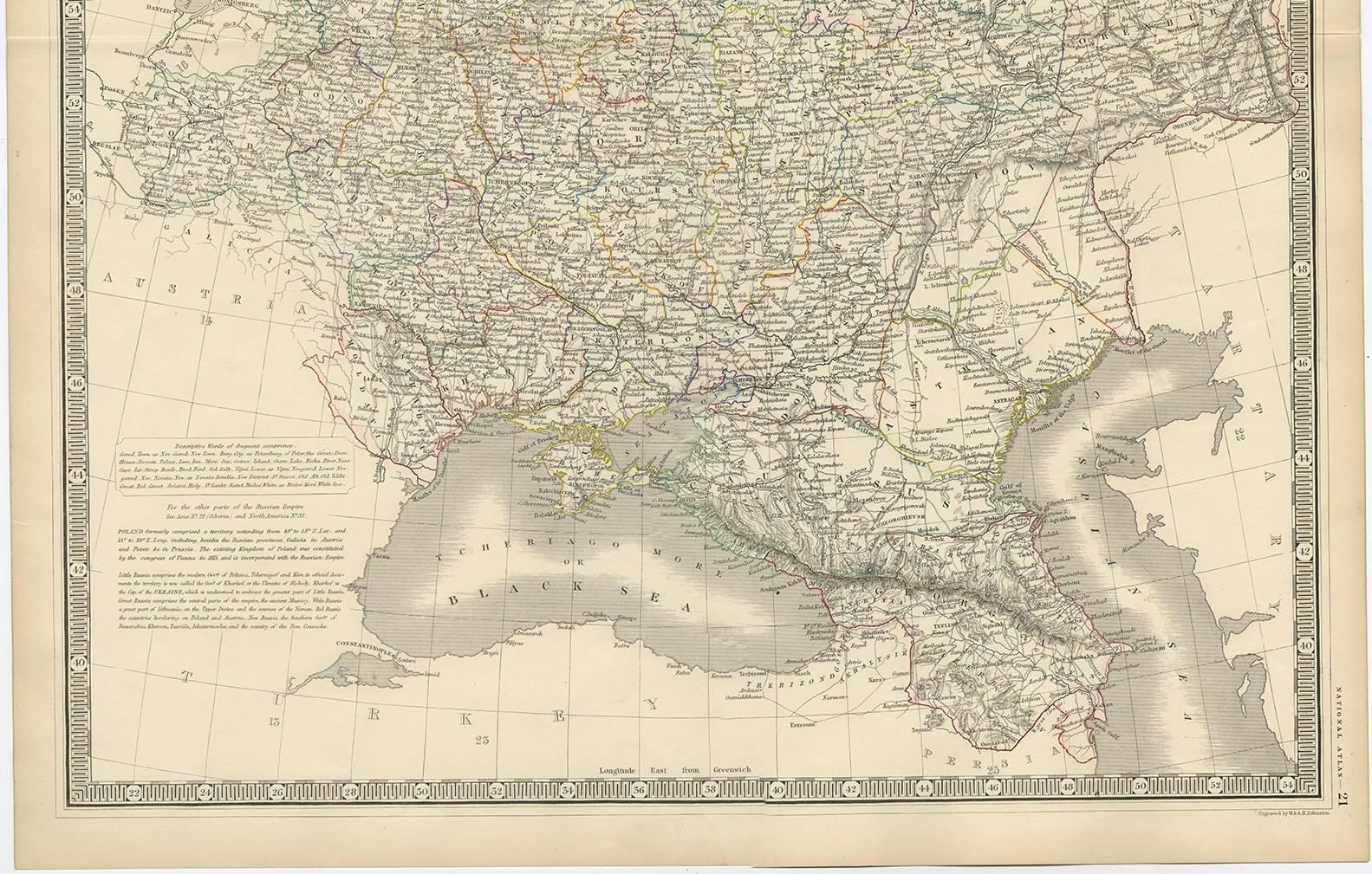 Antike Karte Russlands „in Europa“ von W. &amp;amp; A.K. Johnston, um 1850 im Zustand „Gut“ im Angebot in Langweer, NL