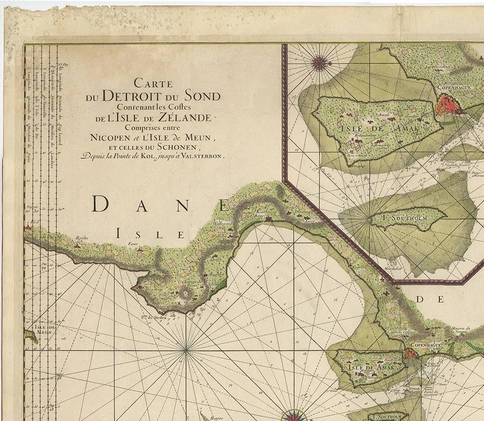 This beautiful large sea chart depicts the Oresund, which forms the border between Skane, Sweden and Sjaelland, Denmark. The chart is filled with navigational details and topographical information along the coastline. A large inset focuses on the