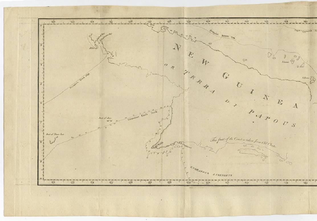 Antique map titled 'A chart of captn Carteret's Discoveries at New Britain'. Philip Carterets map of New Guinea and the islands of New Britain and New Ireland with the tracks of William Dampier 1699-1700 through the Bismarck Archipelago and those of