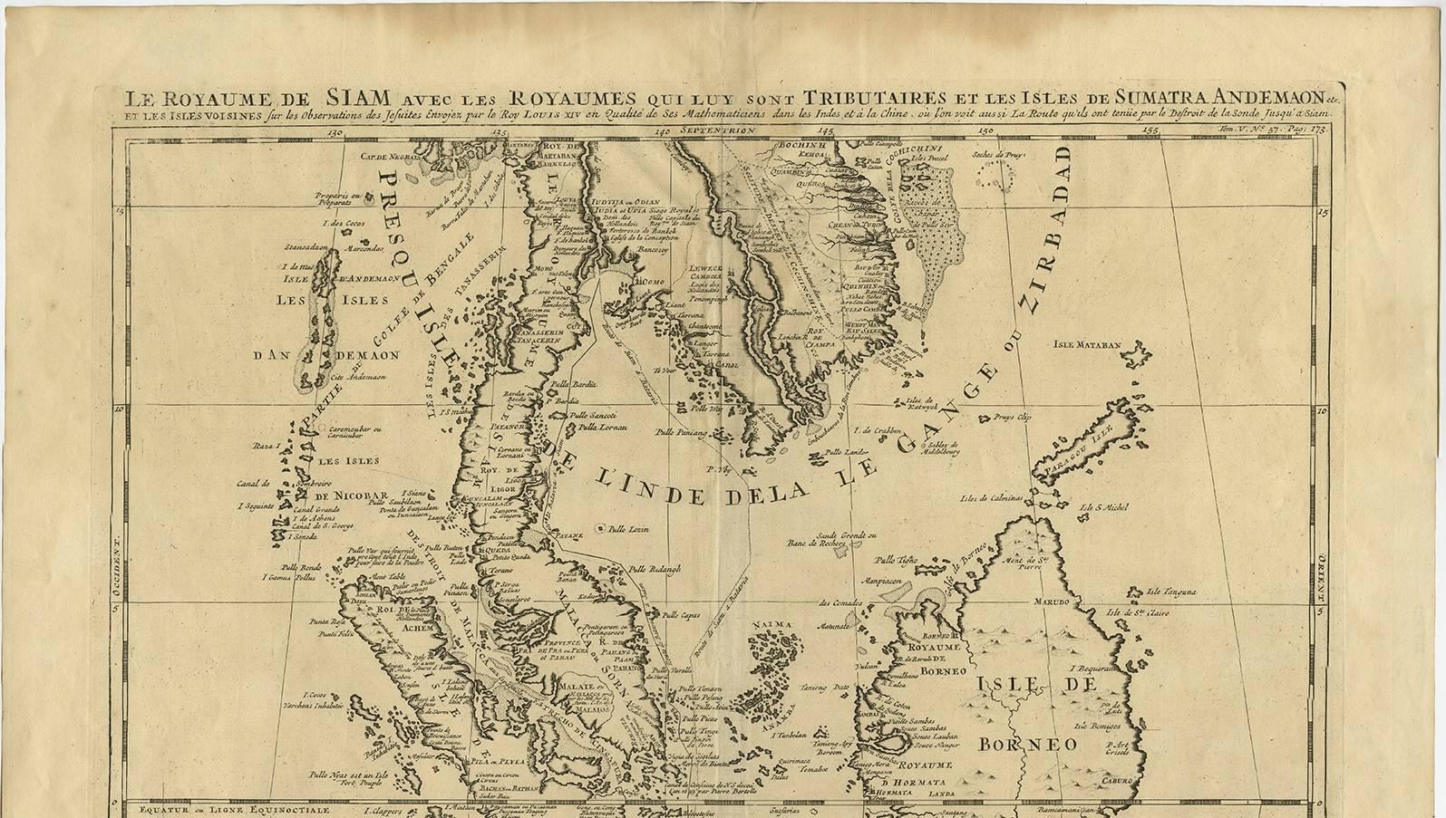 Antique map titled 'Le Royaume de Siam aves les Royaumes qui luy sont Tributaires et les Isles de Sumatra Andemaon'. Influential map of Southeast Asia, including modern day Thailand, southern Vietnam, Cambodia, Malaysia, Singapore, Borneo, Sumatra