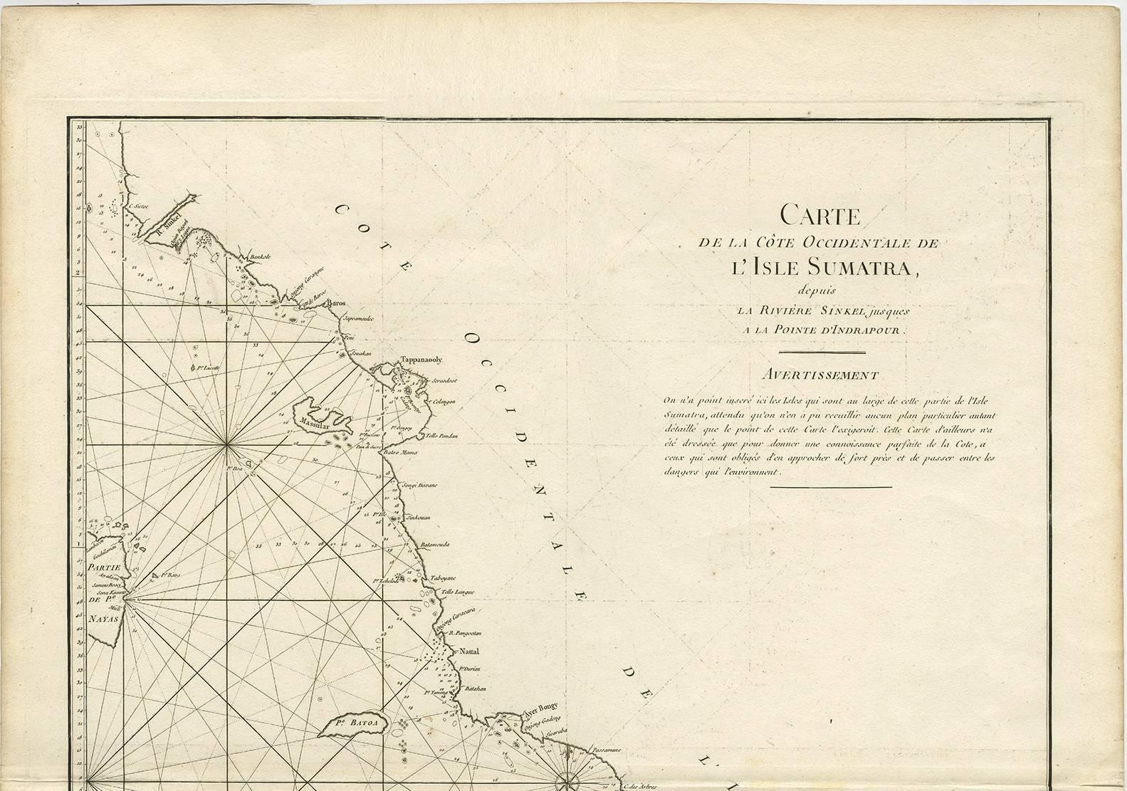 Antique map titled 'Carte de la côte occidentale de l'isle Sumatra depuis la ligne équinoctiale jusqu'au détroit de la Sonde'. Beautiful coastal map of West Sumatra, an island in Western Indonesia. This map originates from 'Le Neptune Oriental'.