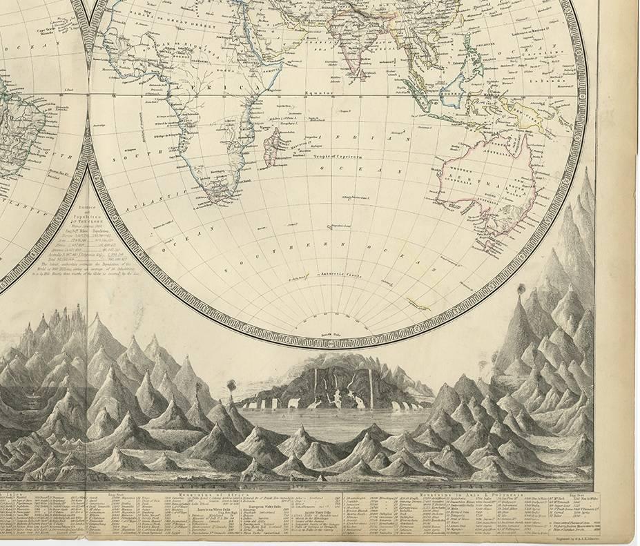 19th Century Antique World Map by A.K. Johnston, 1854