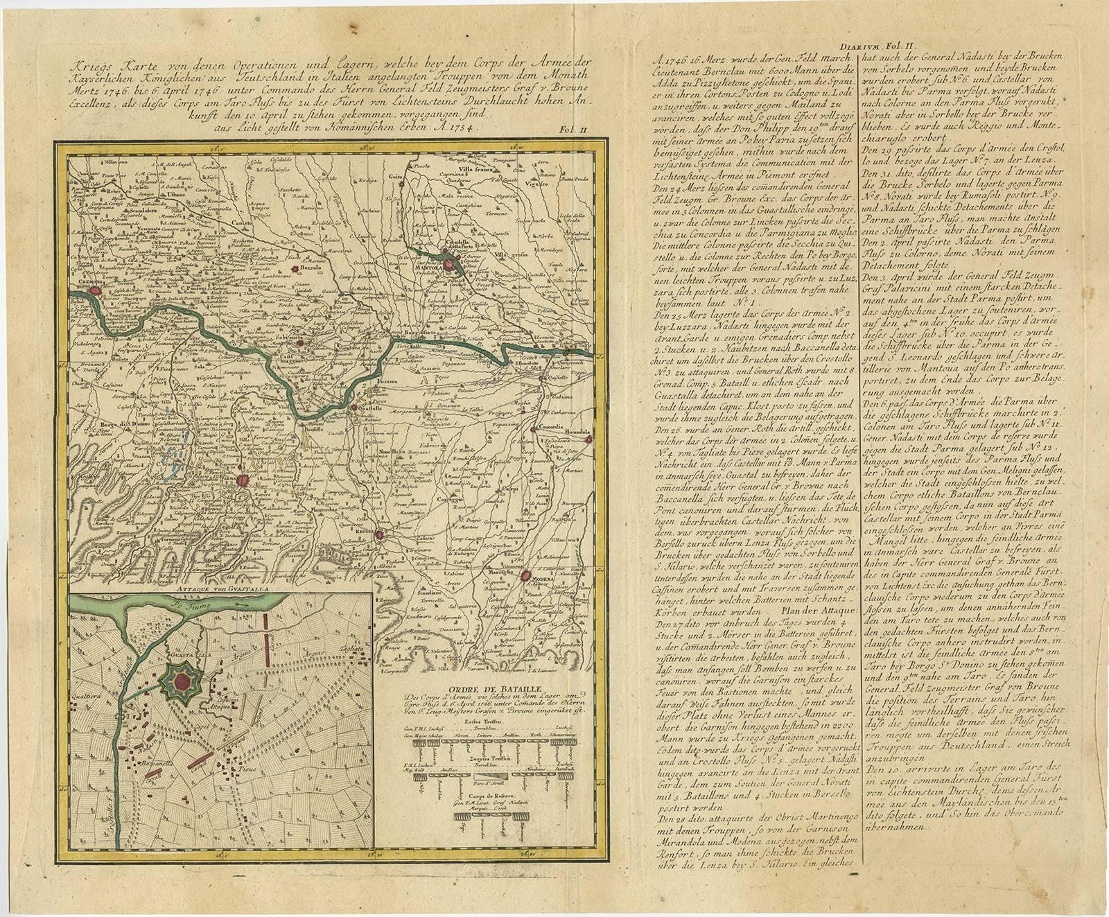 Set of two maps of northern Italy showing the position of troups during the war in April and March 1746. The area covered includes the course of the River Po between Valenza (north of Alexandria) and San Benedetto (south of Mantova) and the area