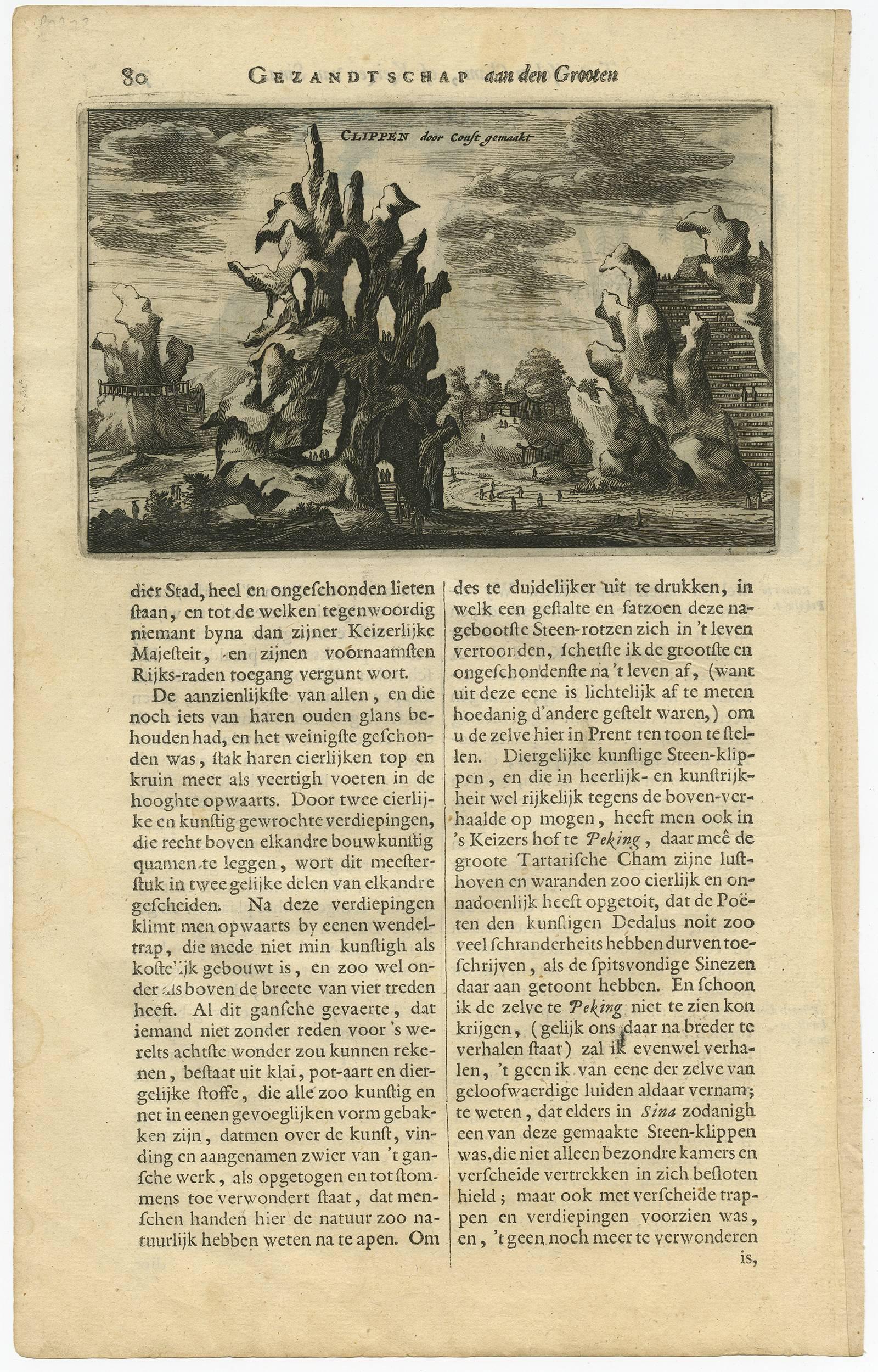 This print originates from a Dutch edition of: 'Gezandtschap der Nederlandtsche Oost-Indische Compagnie ... aan den grooten Tartarischen Cham, den tegenwoordigen keizer van China.' (Nieuhof's China expedition from 1655-1657.) by J. Nieuhof. This