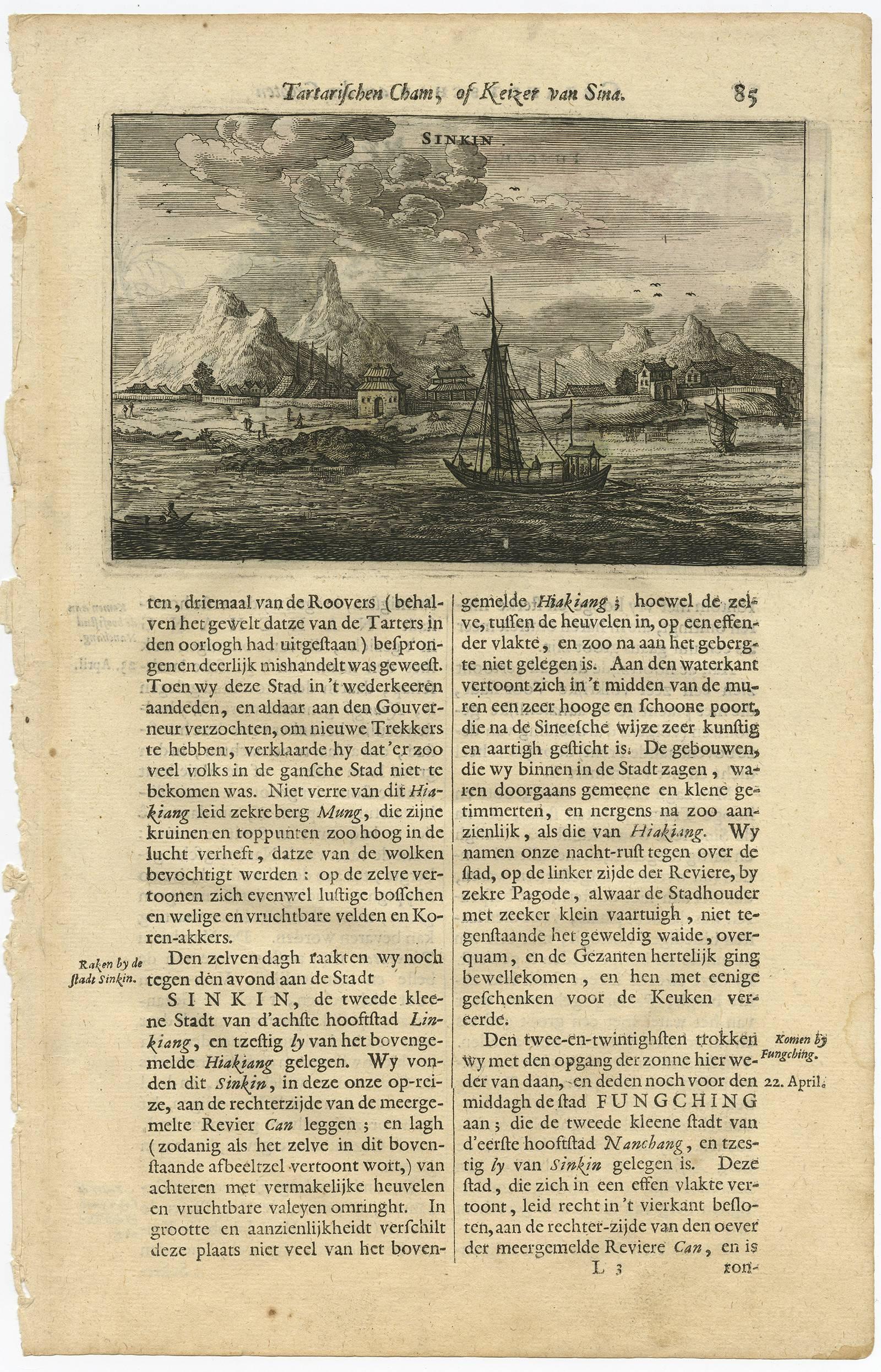 This print originates from a Dutch edition of: 'Gezandtschap der Nederlandtsche Oost-Indische Compagnie ... aan den grooten Tartarischen Cham, den tegenwoordigen keizer van China.' (Nieuhof's China expedition from 1655-1657.) by J. Nieuhof. This