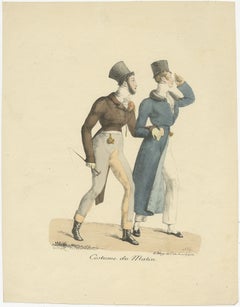 Set of Two Antique Fashion Prints of Men and a Family by Lasteyrie 'c.1820'