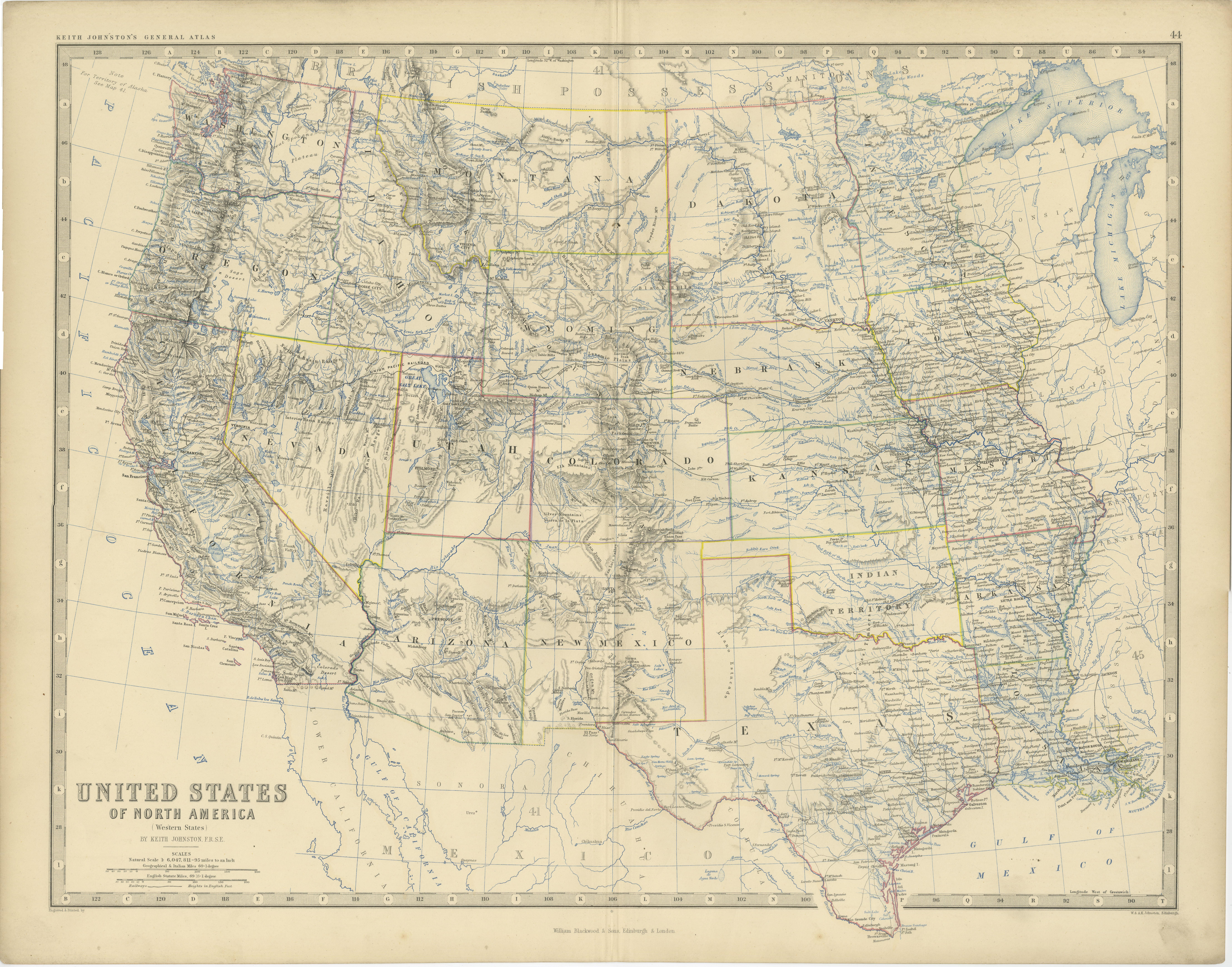 Carte de l'ouest des États-Unis de 1874 - Atlas détaillé par Keith Johnston