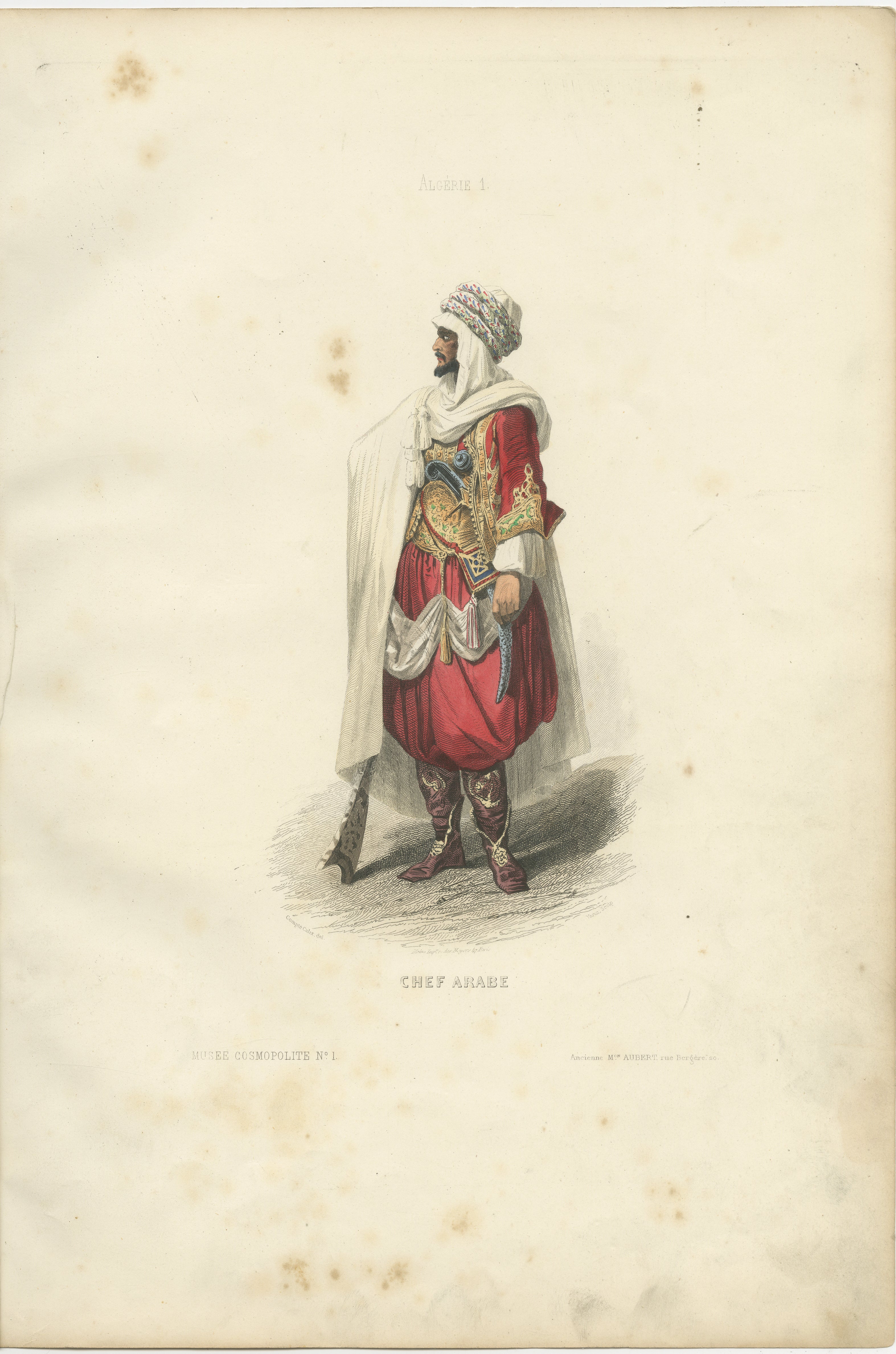 Arabischer Häuptling Kostüm Druck Algerien 1853 von Compte Calix - Handkolorierte Lithographie

Dieser feine antike Druck zeigt einen würdevollen arabischen Häuptling (Chef Arabe) aus Algerien, der in einer detaillierten Kostümstudie des 19.