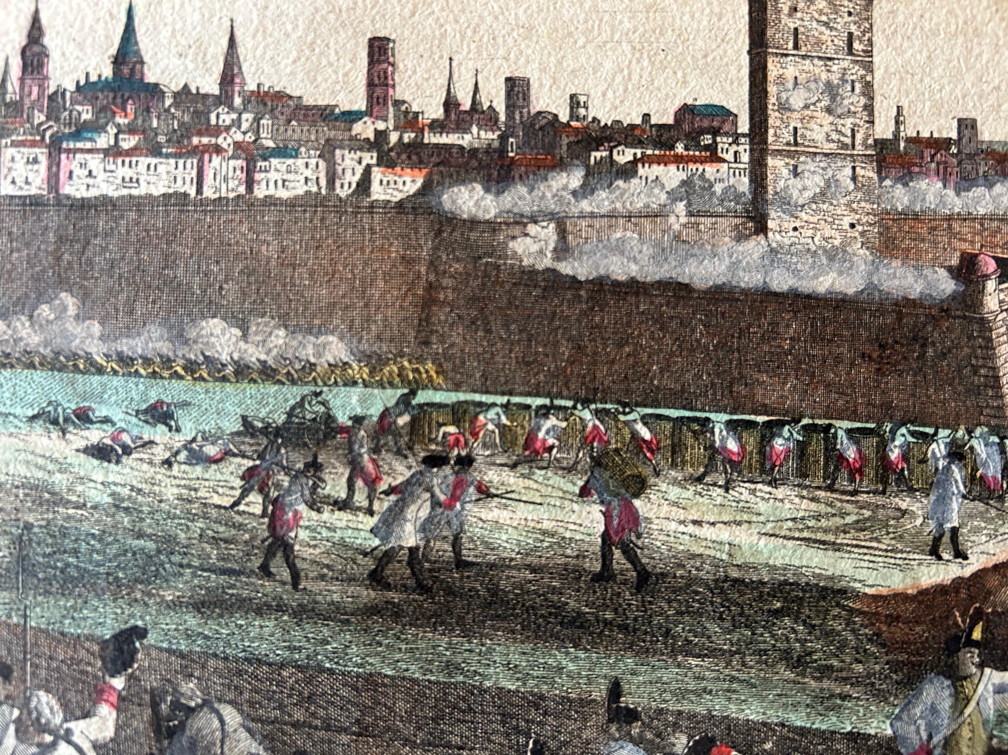 Optical View Depicting the Siege of Barcelona, Spain, ca.1765 In Good Condition For Sale In Langweer, NL