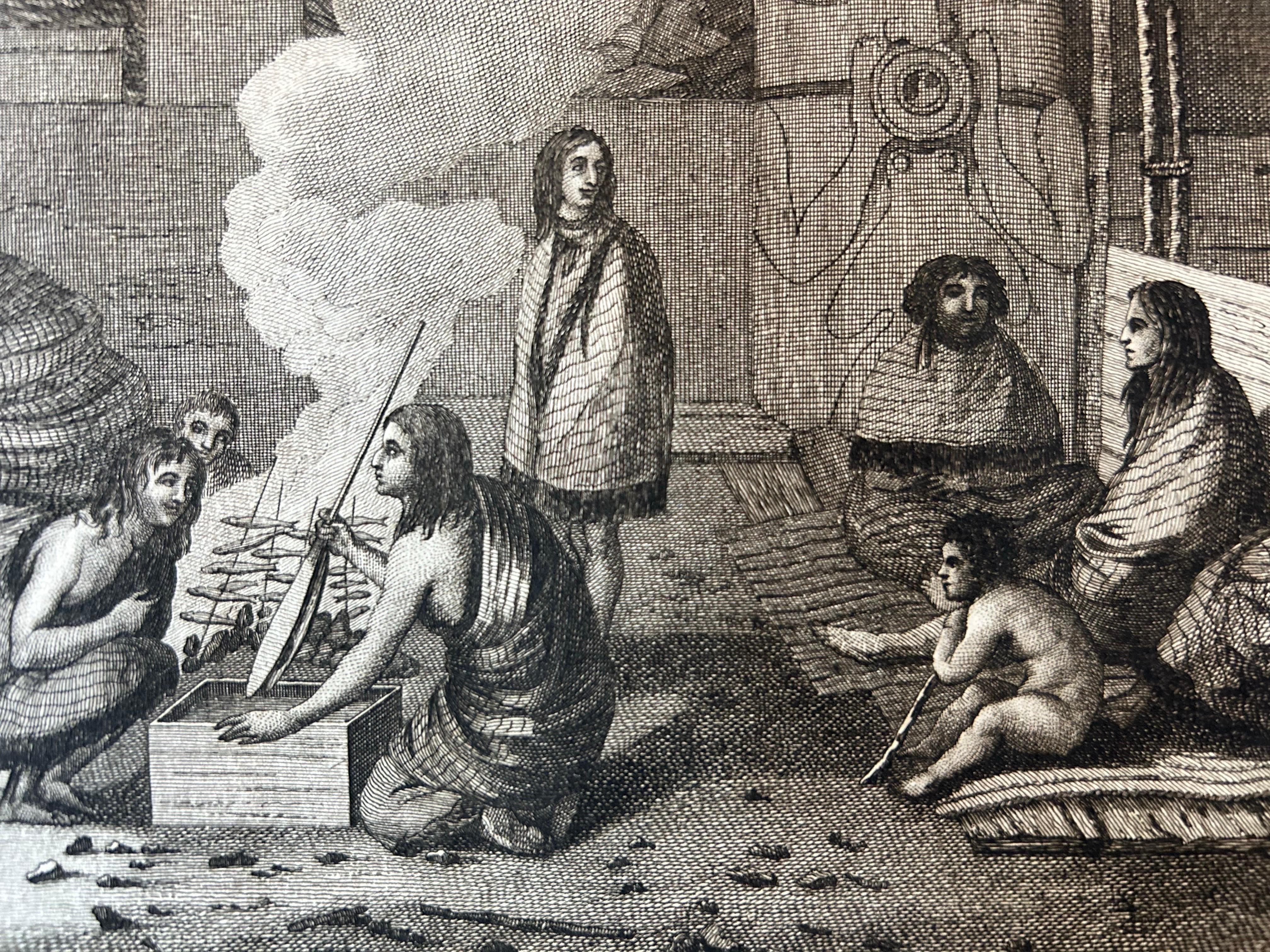 Antiker Druck eines Innenraums im Nootka-Kanal, Kanada, von Cook Travels, 1803 (Frühes 19. Jahrhundert) im Angebot