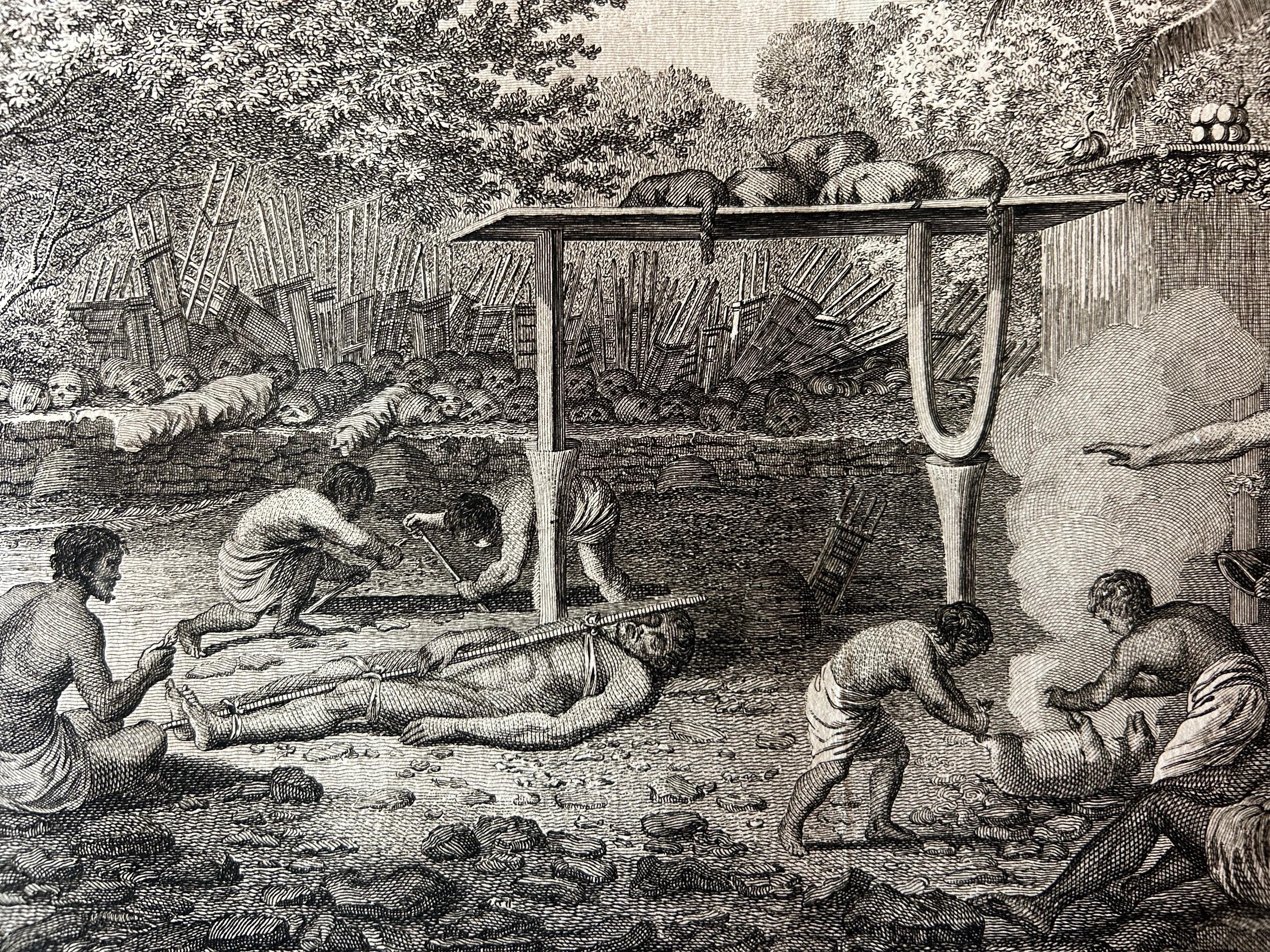 Old Print von Kapitän Cook, der ein menschliches Gebet in einem Morai, Tahiti, sieht, 1803 im Zustand „Gut“ im Angebot in Langweer, NL
