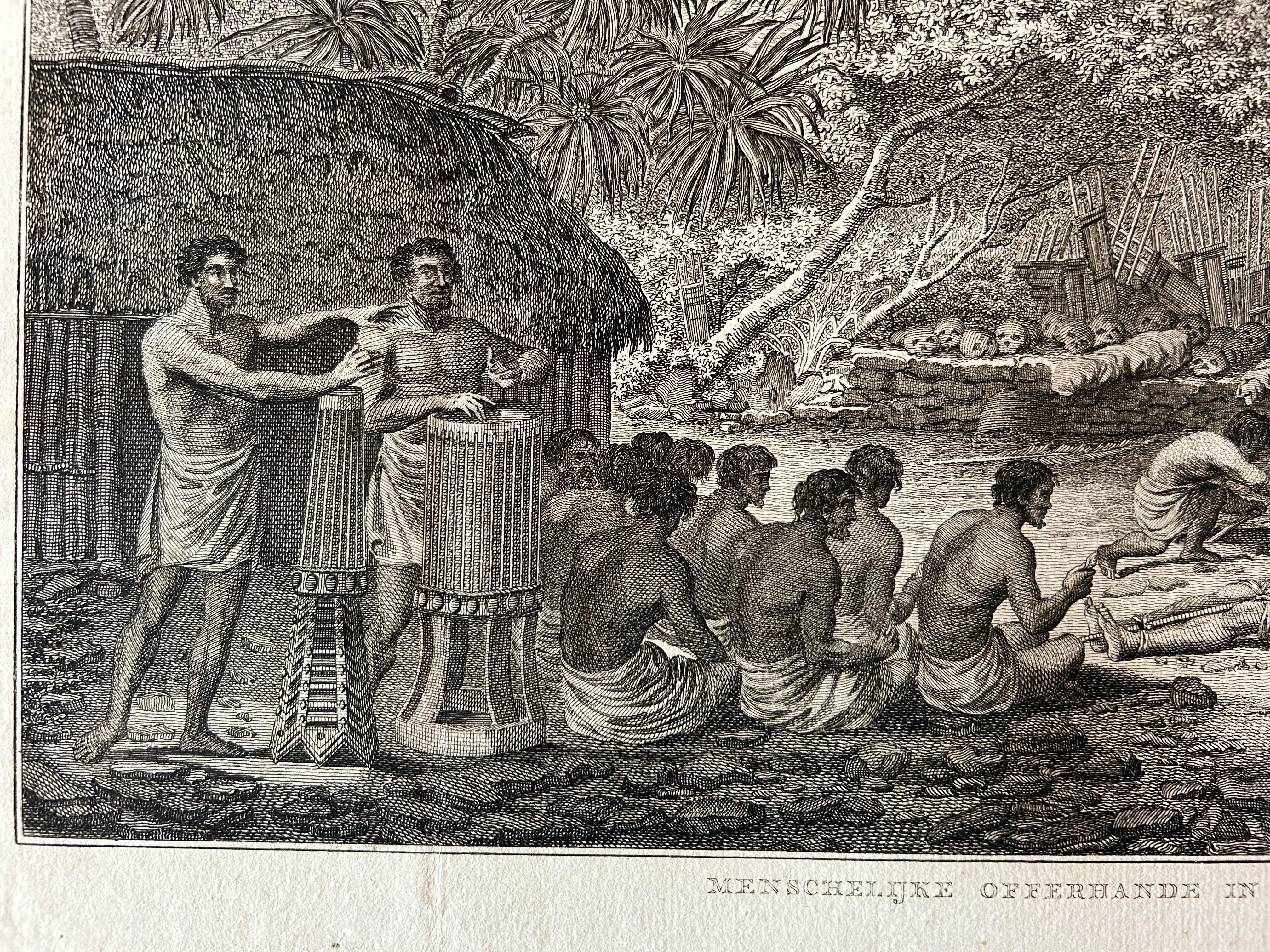 Old Print von Kapitän Cook, der ein menschliches Gebet in einem Morai, Tahiti, sieht, 1803 (Graviert) im Angebot